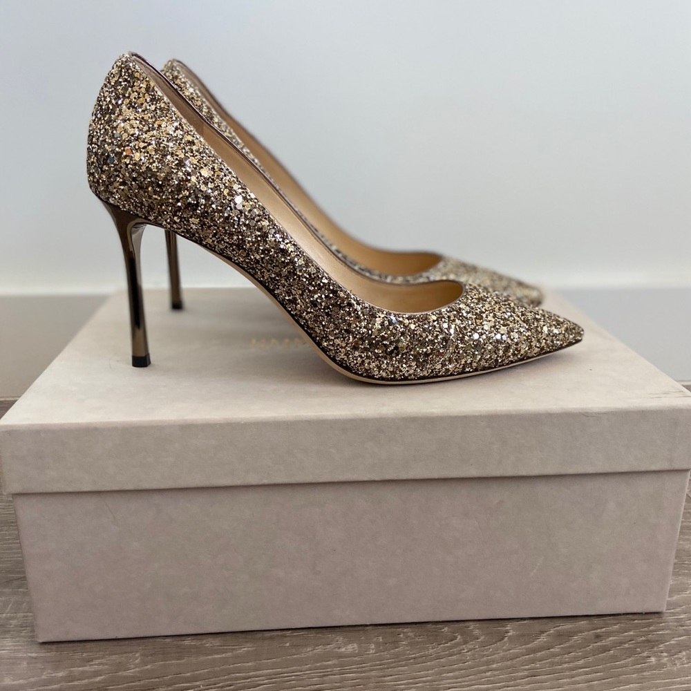 Jimmy Choo Romy Glitter Pump Heels Size 39.5 Bride